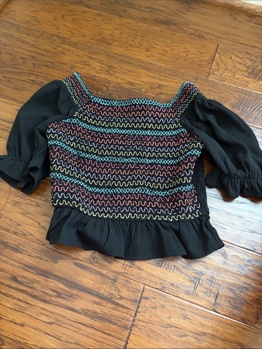 Savanna Jane Black Smocked Puff Sleeve Top with Multicolor Stitching